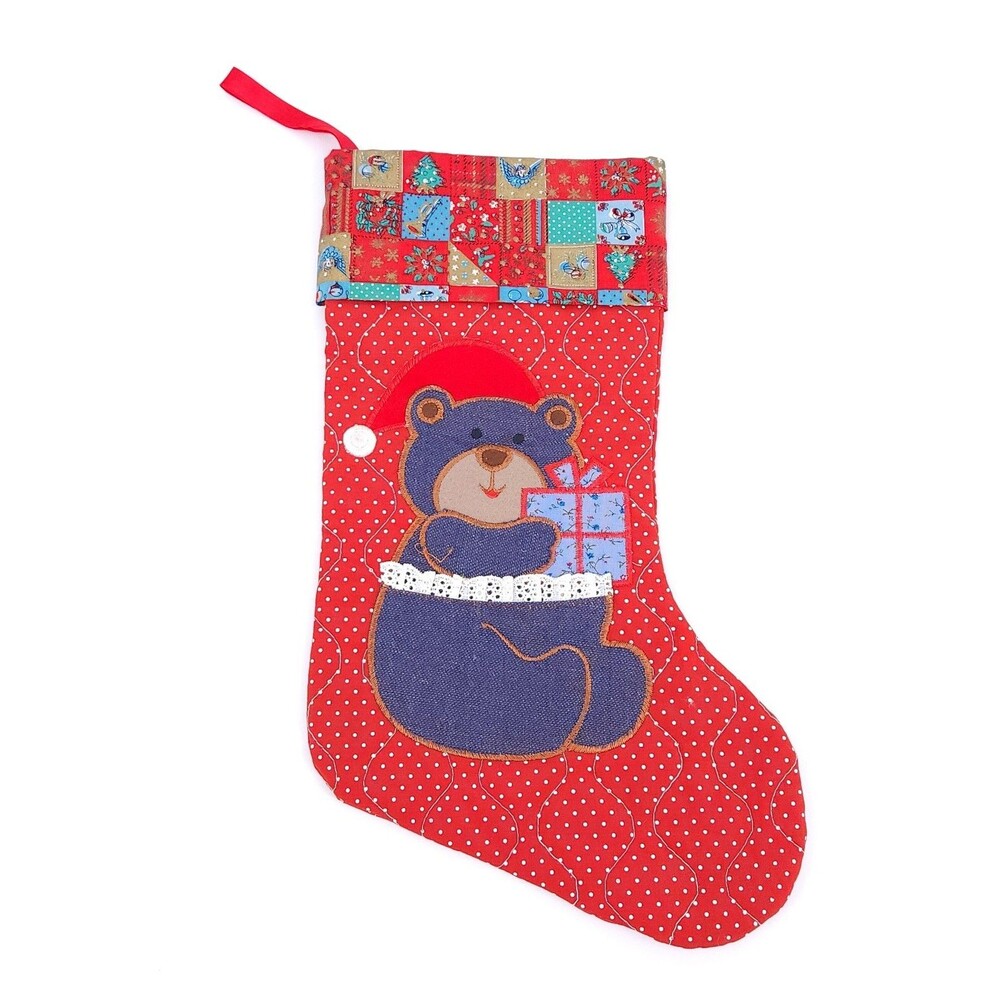 Vintage 1980s Avon Denim Teddy Bear Quilted Christmas Stocking Polka Dot